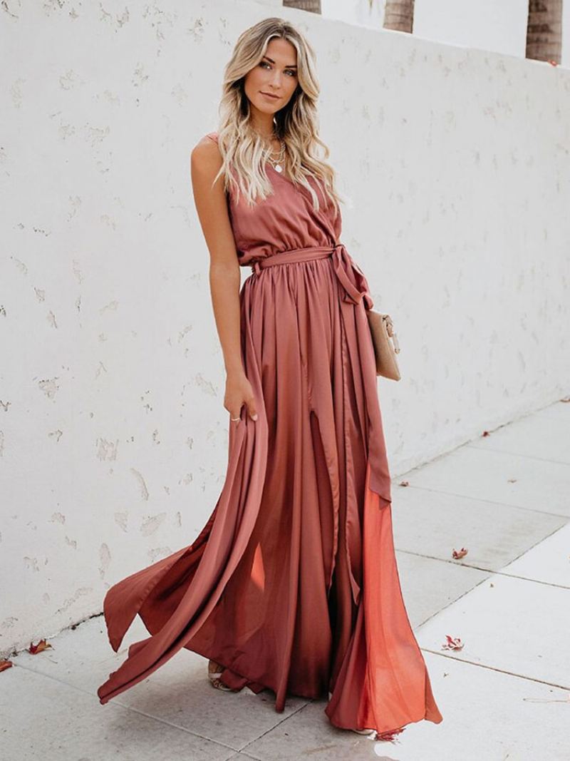 Omslagskjole For Kvinner Ermeløs Blush Rosa V-hals Knotted Slit Prom Maxi-kjoler - Blush Rosa