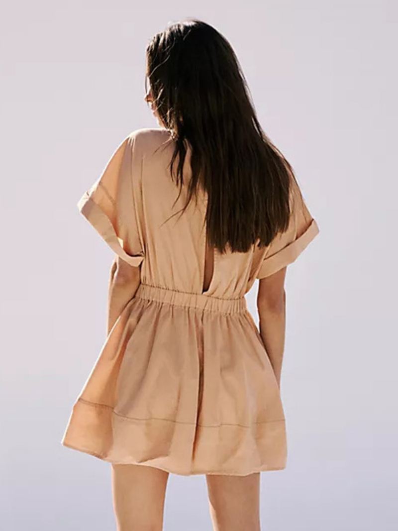 Sommerkjole For Kvinner Minikjoler Peach Jewel Neck Plissert Polyester Strandkjole - Gul / Rød