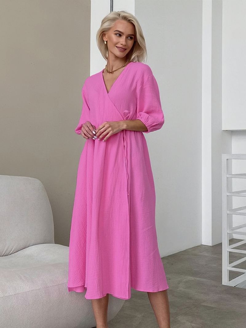 Sommerkjole For Kvinner V-hals Blonder Oversized Lys Himmelblå Long Beach Dress - Rose