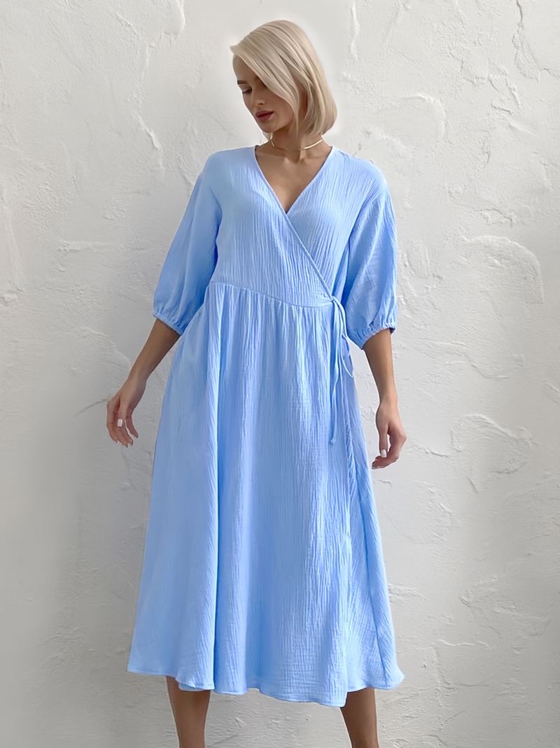 Sommerkjole For Kvinner V-hals Blonder Oversized Lys Himmelblå Long Beach Dress - Lys Himmelblå