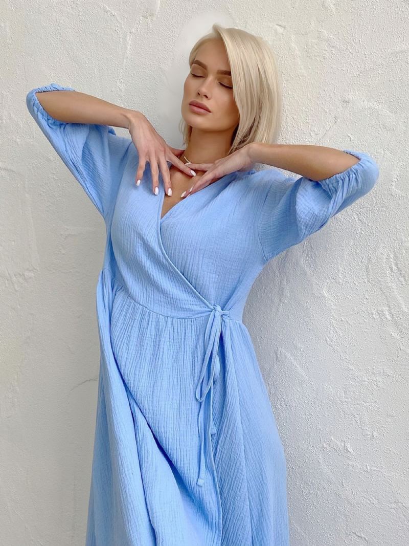 Sommerkjole For Kvinner V-hals Blonder Oversized Lys Himmelblå Long Beach Dress - Lys Himmelblå