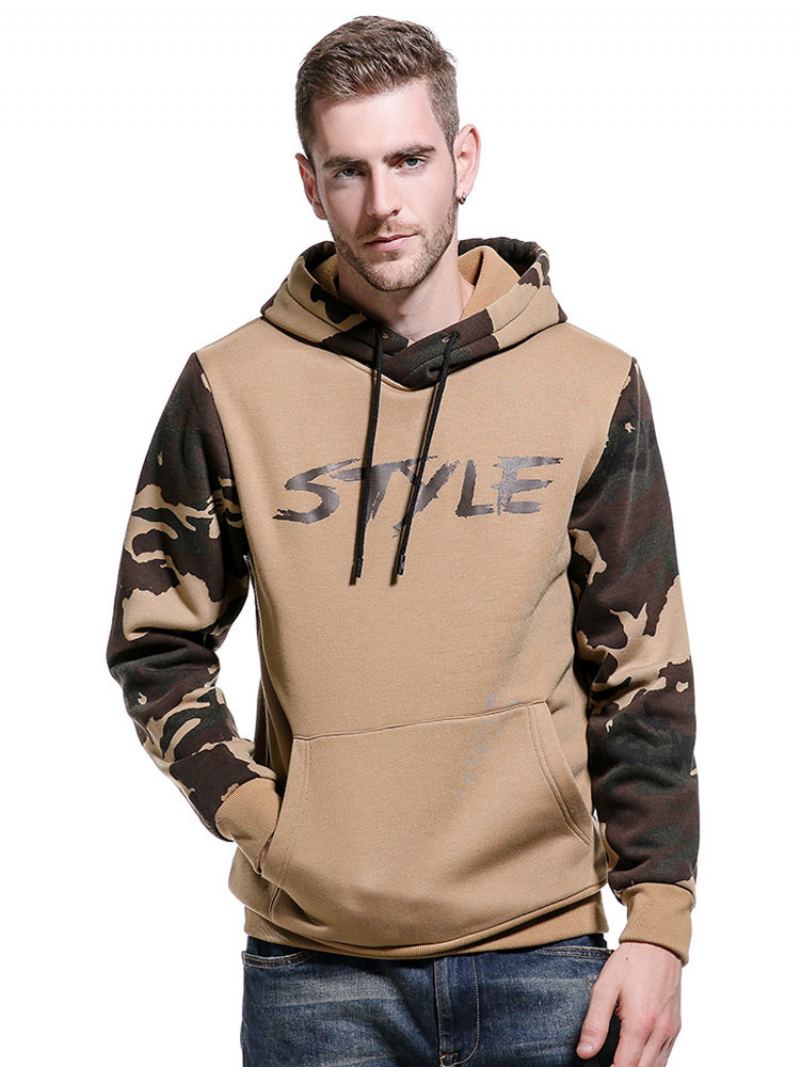 Menn Hettegensere Hette Langermet Printed Polyester Casual Sweatshirt - Khaki