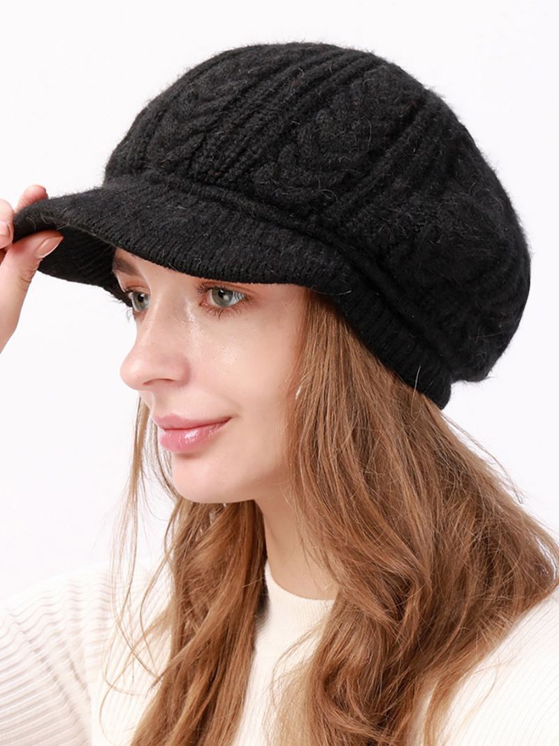 Beret Hat Strikk Ensfarge Daglig Casual Høst Vinter Caps For Dame - Sort