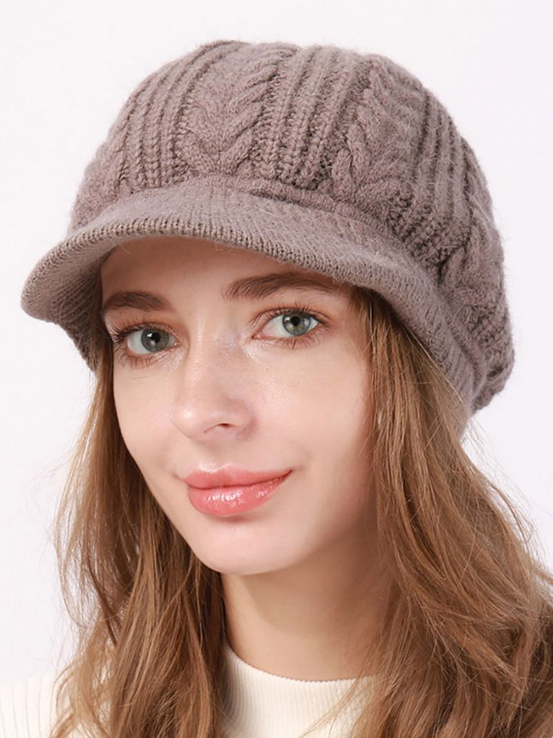 Beret Hat Strikk Ensfarge Daglig Casual Høst Vinter Caps For Dame - Khaki