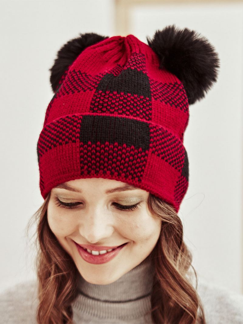 Caps For Dame Moderne Pom Poms Plaid Akryl Vinter Varm Acc - Rød