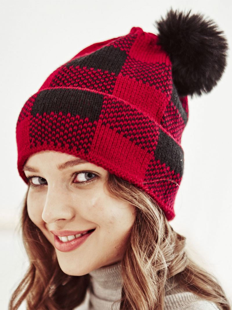 Caps For Dame Moderne Pom Poms Plaid Akryl Vinter Varm Acc - Rød