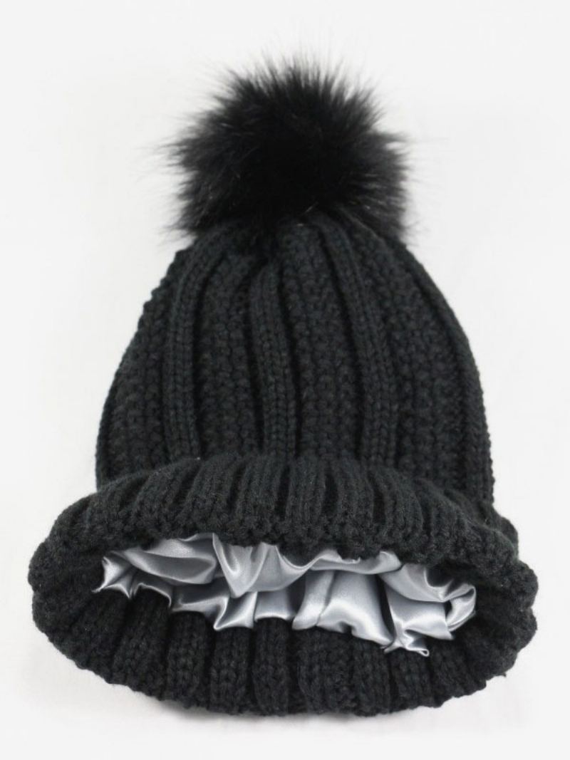 Strikket Cap Pom Poms Hekle Unisex Caps For Våren Høsten Og Vinteren - Sort