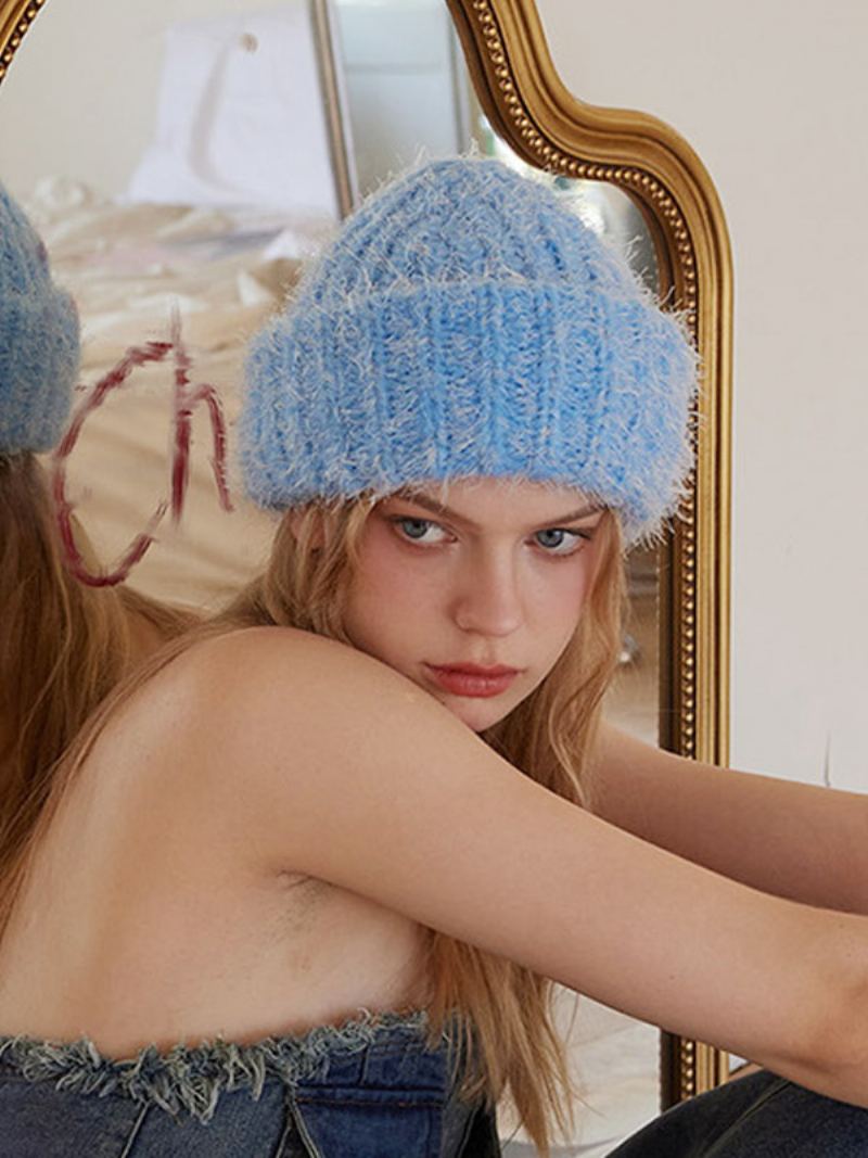 Ull Blend Beanie Ensfarget Klassisk Lue For Dame - Lys Himmelblå