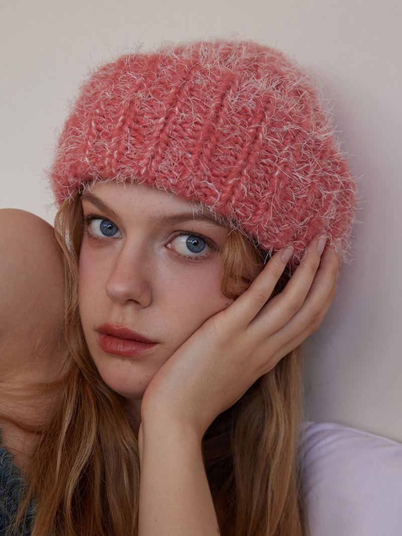 Ull Blend Beanie Ensfarget Klassisk Lue For Dame - Rosa