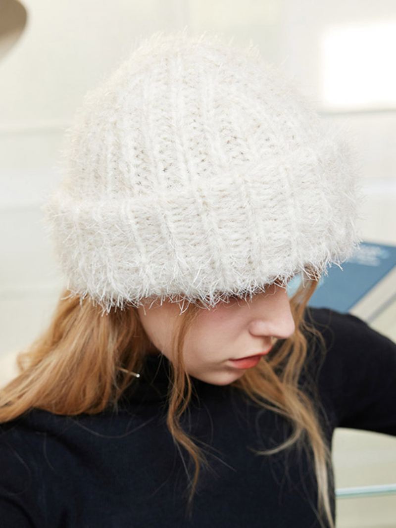 Ull Blend Beanie Ensfarget Klassisk Lue For Dame - Hvit