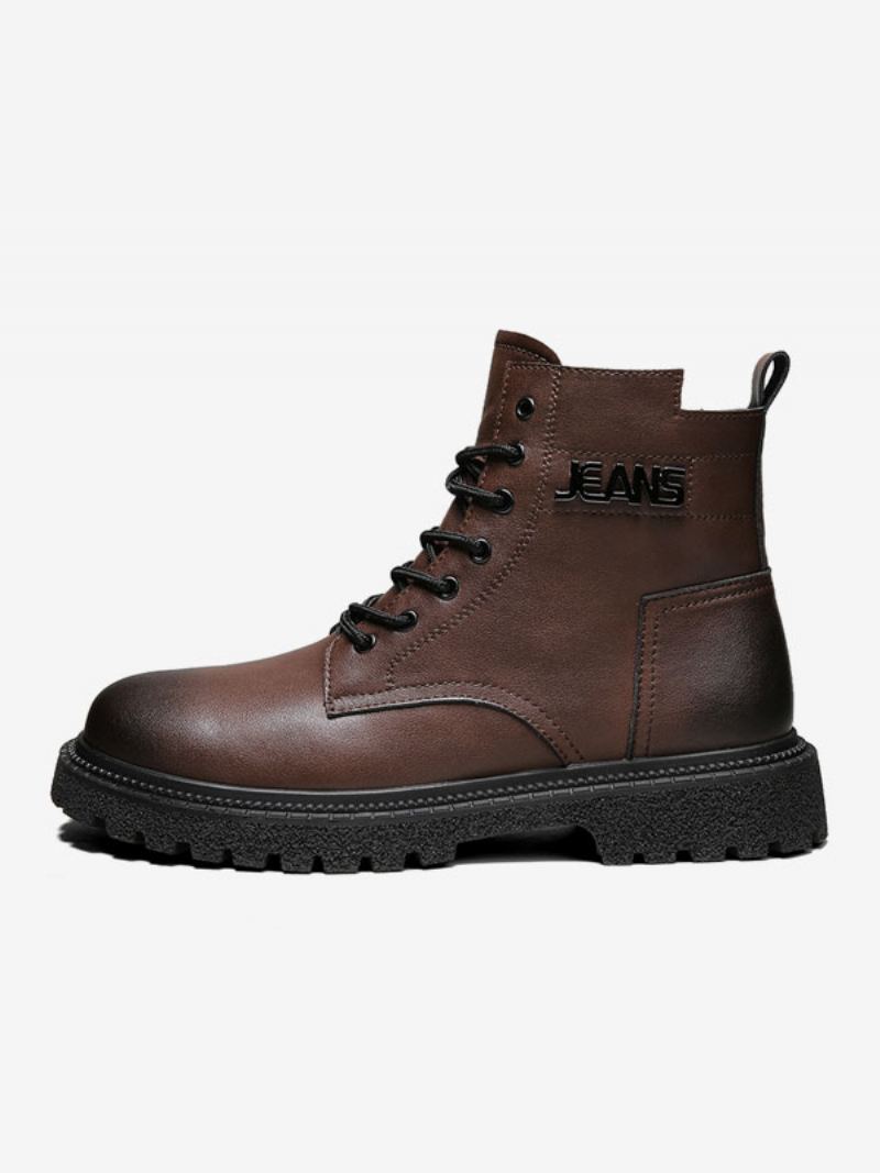 Herrestøvler Combat Boots Pu-skinn Rund Tå Snøre Ankelstøvler - Kaffe Brun