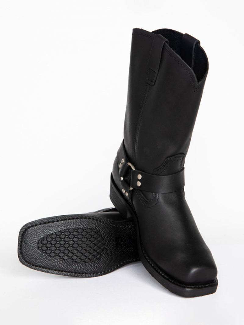 Herrestøvler Cowboystøvler Svart Pu-skinn Square Toe Mid Calf-støvler - Sort