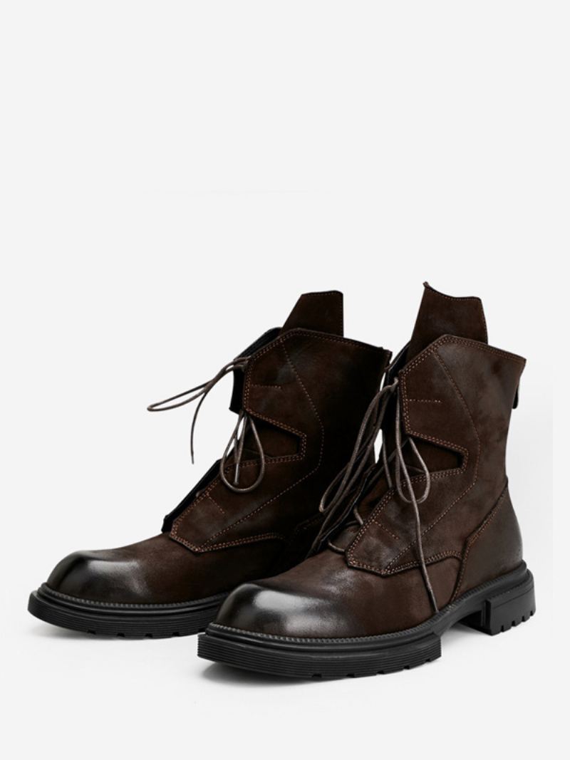 Martin Arbeidsmotorsykkel For Menn Kaffe Brun Kuskinn Rund Toe Combat Boots - Kaffe Brun