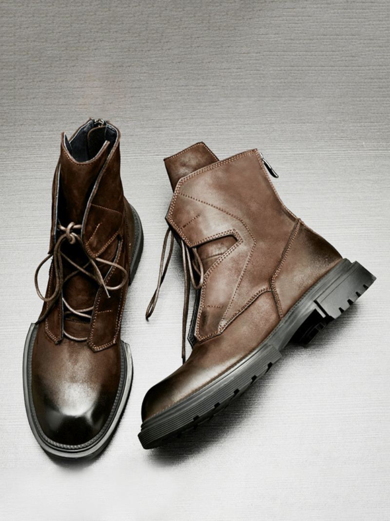 Martin Arbeidsmotorsykkel For Menn Kaffe Brun Kuskinn Rund Toe Combat Boots - Kaffe Brun