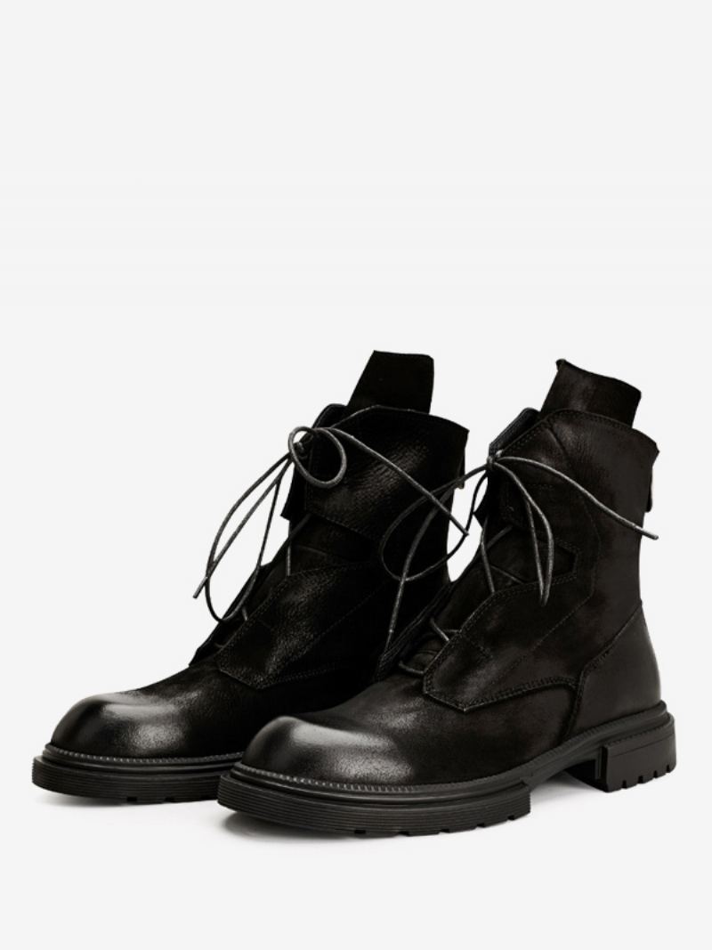 Martin Arbeidsmotorsykkel For Menn Kaffe Brun Kuskinn Rund Toe Combat Boots - Sort