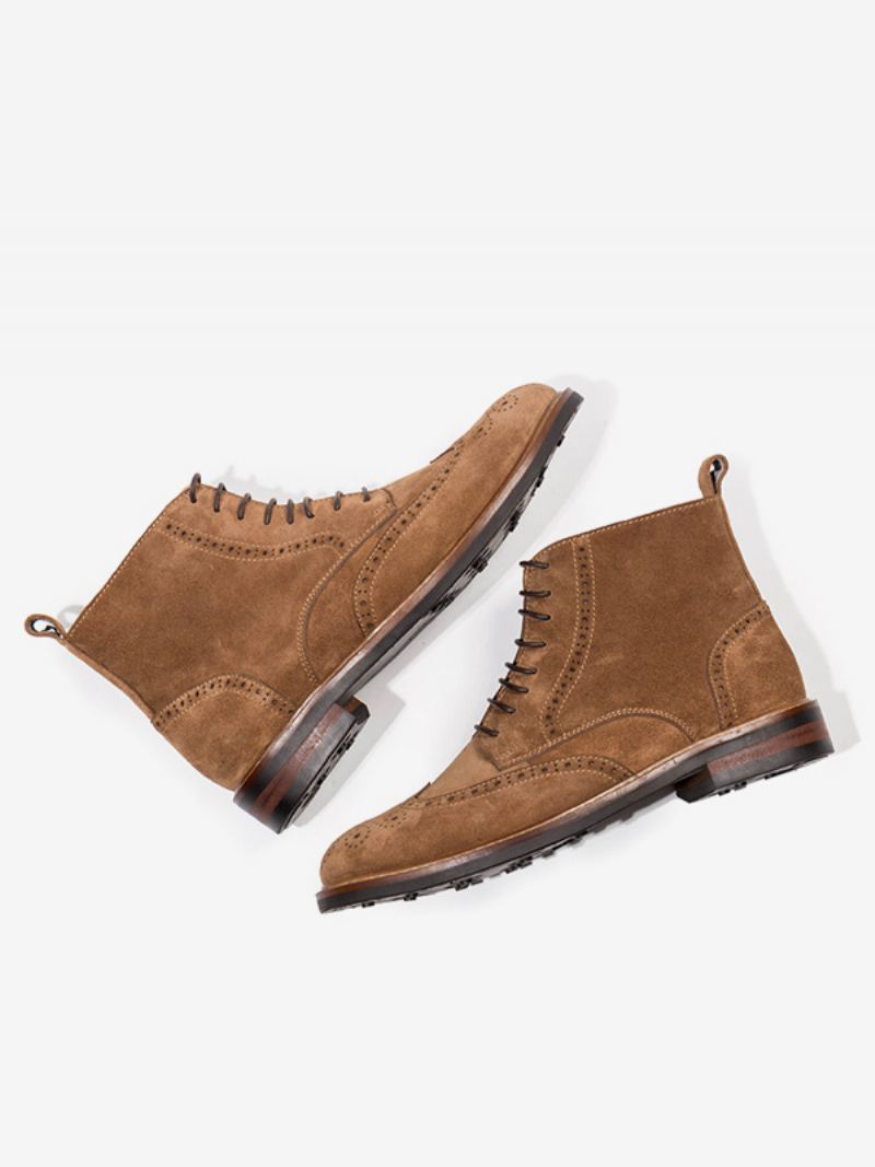 Martin Arbeidsmotorsykkel For Menn Kaffe Brunt Semsket Skinn Rund Toe Combat Boots - Kaffe Brun