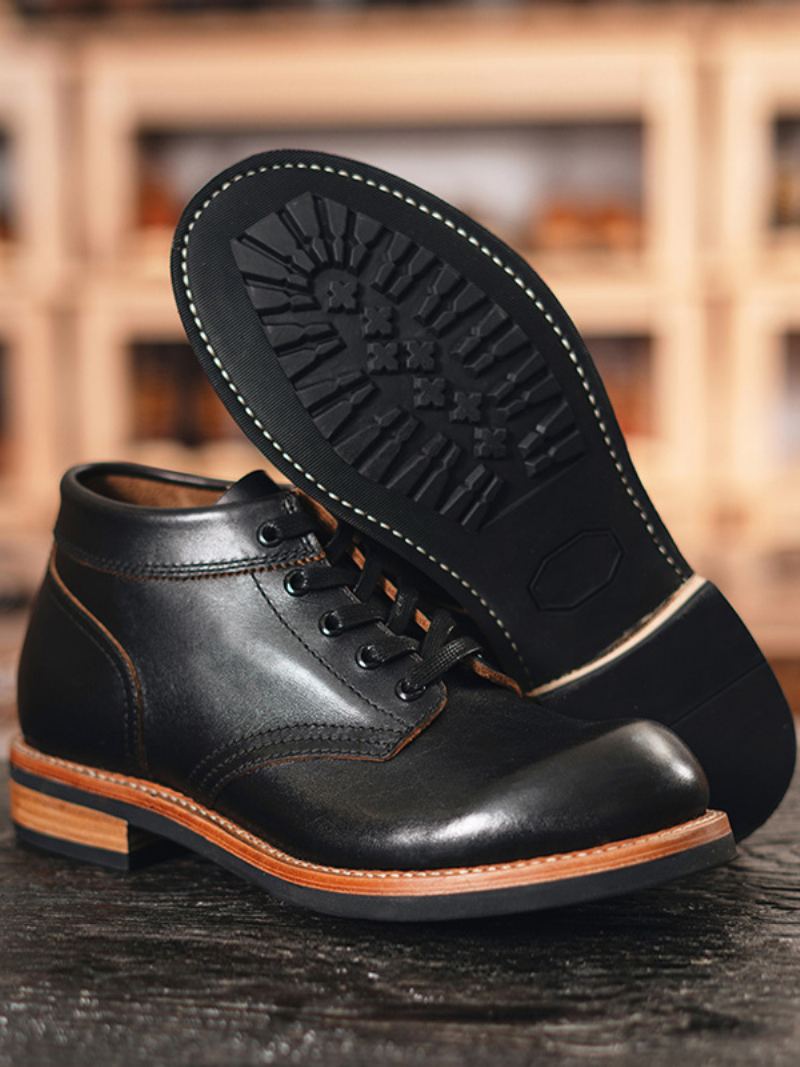 Martin Work Black Cowhide Combat Boots Med Rund Tå For Menn - Sort