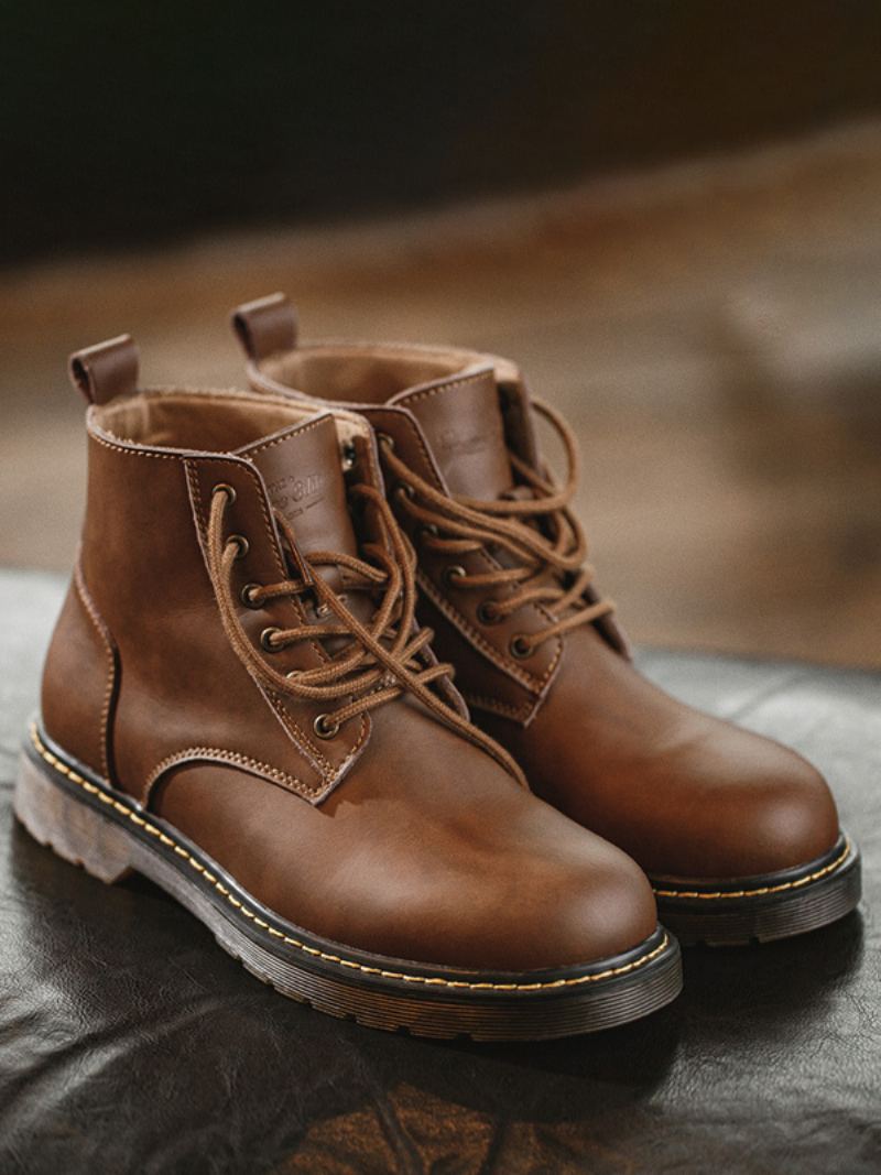 Martin Work Retro Kaffe Brun Kuskinn Runde Toe Combat Boots For Menn - Kaffe Brun