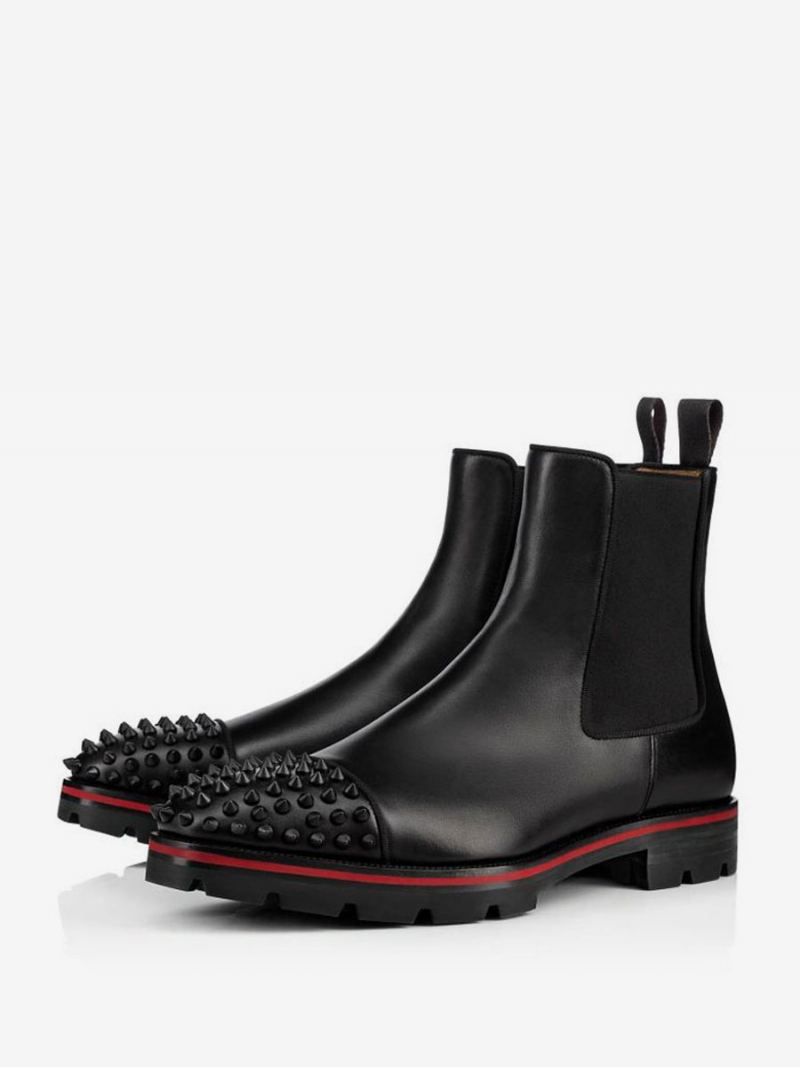 Menn Black Cowhide Square Toe Håndlagde Spikes Punk Style Med Lug Såle Chelsea Ankel Boots