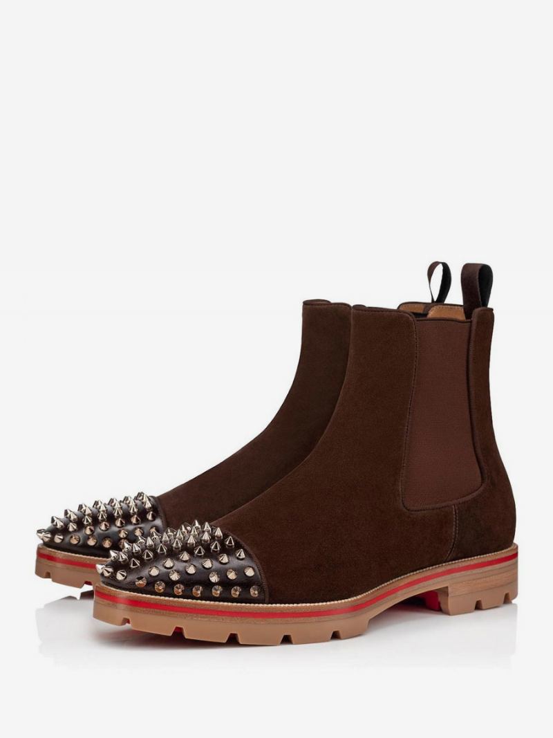 Menn Chelsea Spike Boots Semsket Skinn Rund Tå Chunky Lug Såler Elastiske Kile Støvler Slip On Ankel - Sjokolade