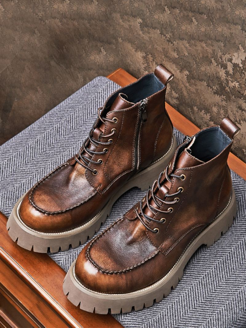 Menns Martin Brogue Business Casual Retro Kaffe Brun Kuskinn Runde Toe Combat Boots - Kaffe Brun