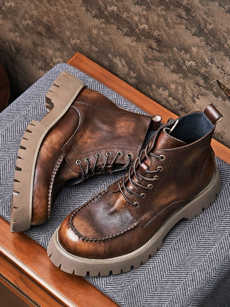 Menns Martin Brogue Business Casual Retro Kaffe Brun Kuskinn Runde Toe Combat Boots - Kaffe Brun