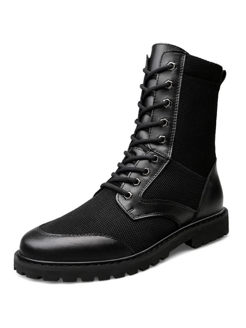 Mid Kalv Støvler For Menn Fabulous Pu Leather Rund Toe Lace Up Black Boots