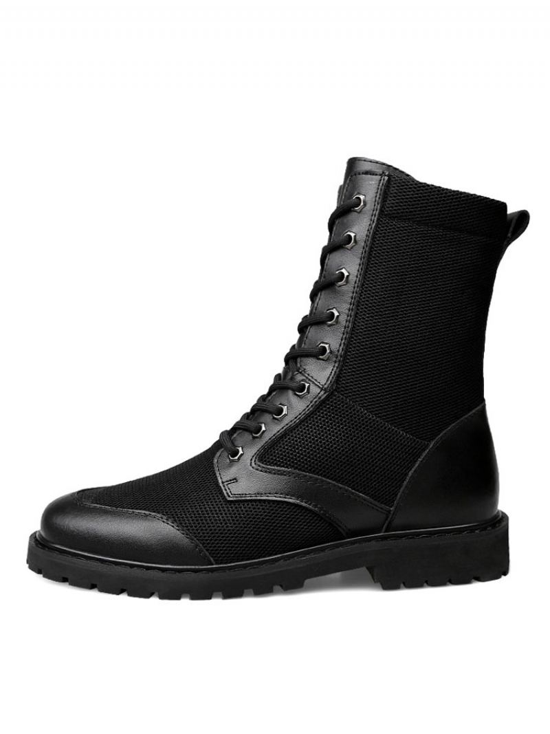 Mid Kalv Støvler For Menn Fabulous Pu Leather Rund Toe Lace Up Black Boots - Svart