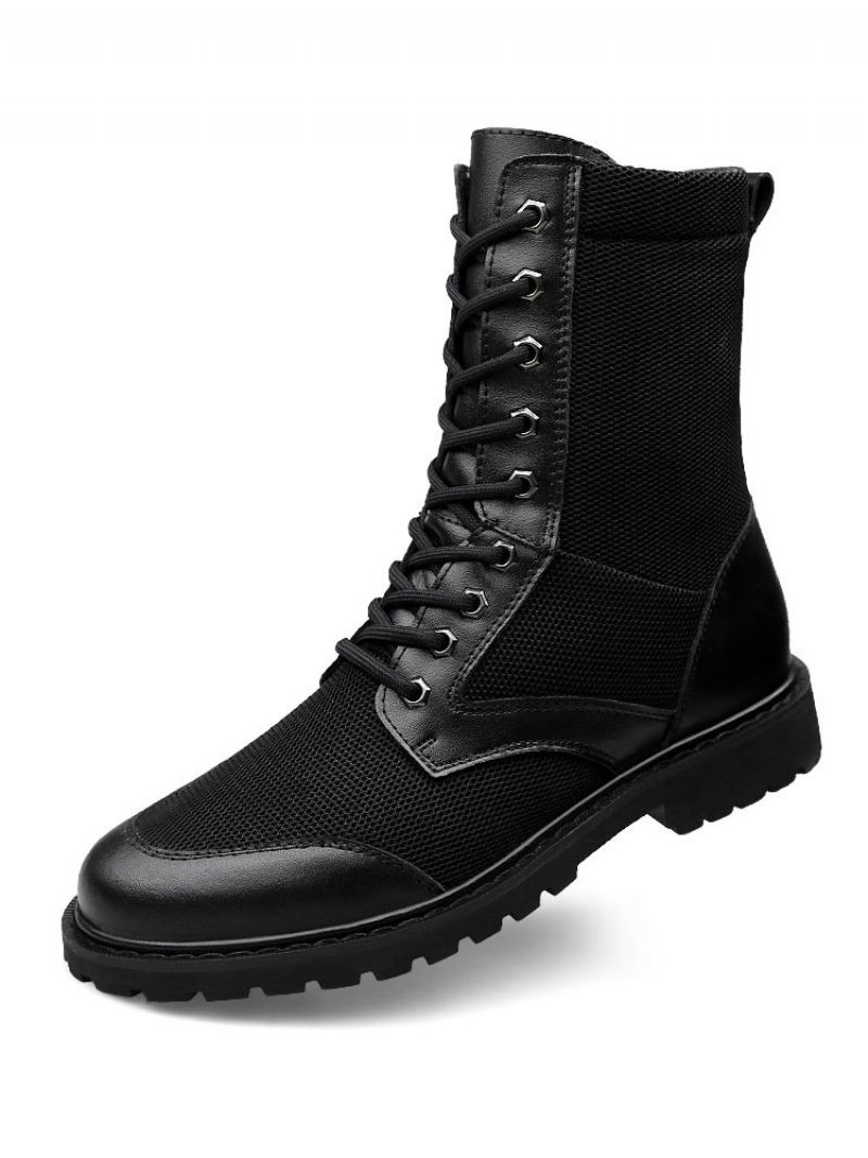 Mid Kalv Støvler For Menn Fabulous Pu Leather Rund Toe Lace Up Black Boots - Svart