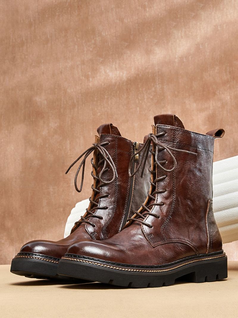 Motorsykkel For Menn Martin British Retro High-top Work Black Kuskinn Runde Toe Combat Boots - Kaffe Brun