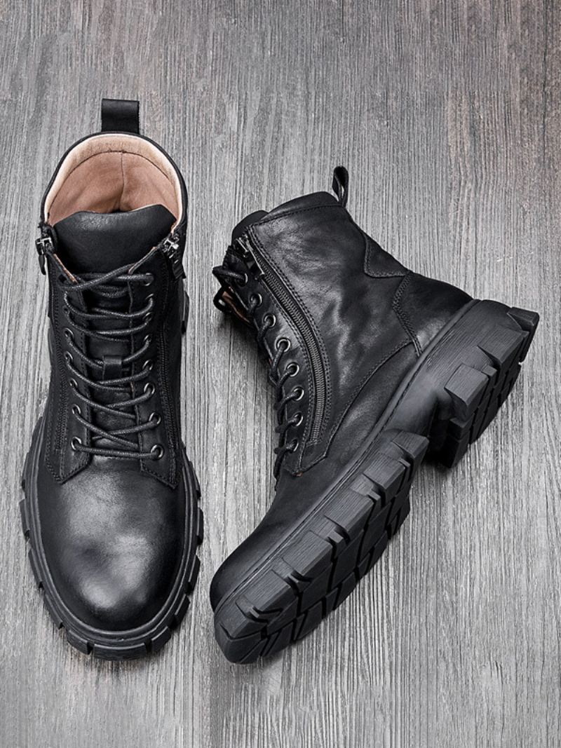 Velvet Cowhide For Menn Motorsykkel Martin-støvler Britiske Retro High-top Arbeidsstøvler Rund Tå Snøre Combat Boots - Sort