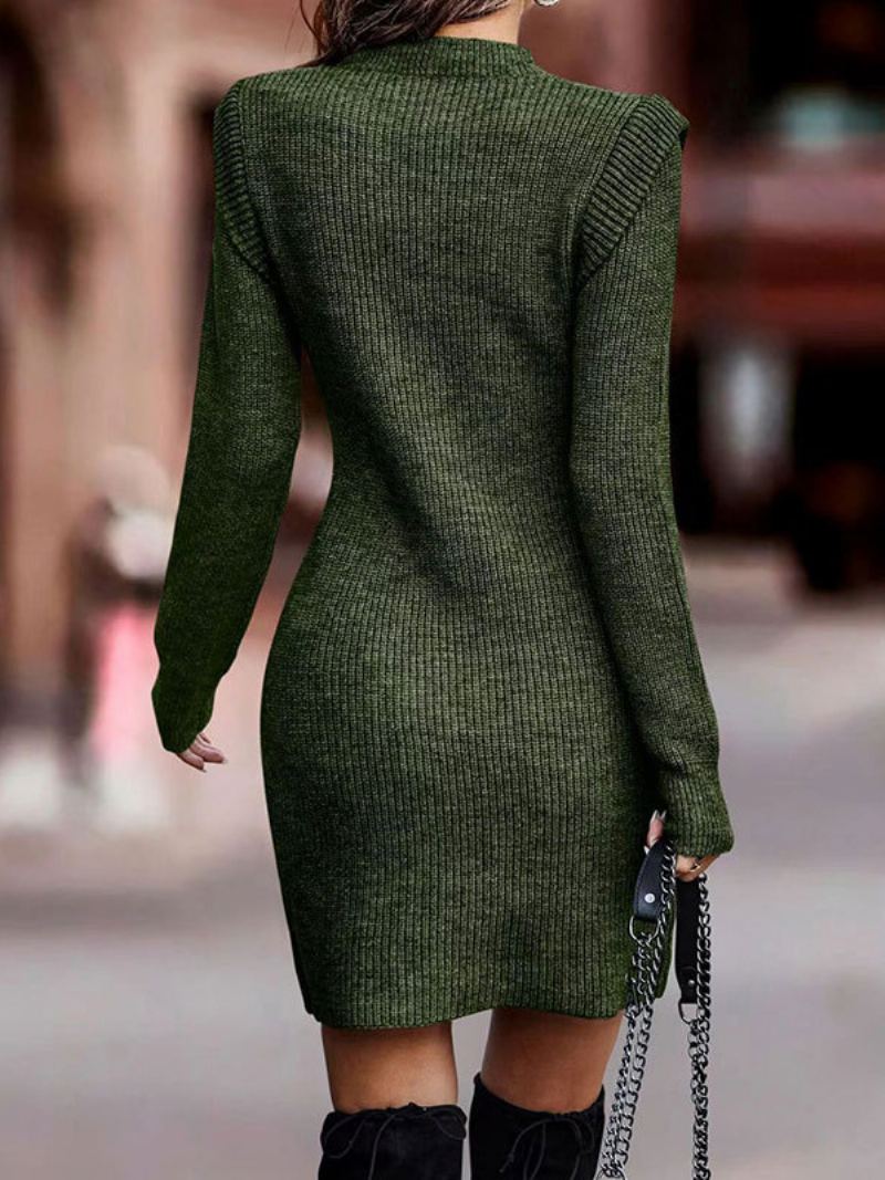 Strikket Kjole For Kvinner Med Lange Ermer Jewel Neck Fall Mini Bodycon Dress - Hunter Green