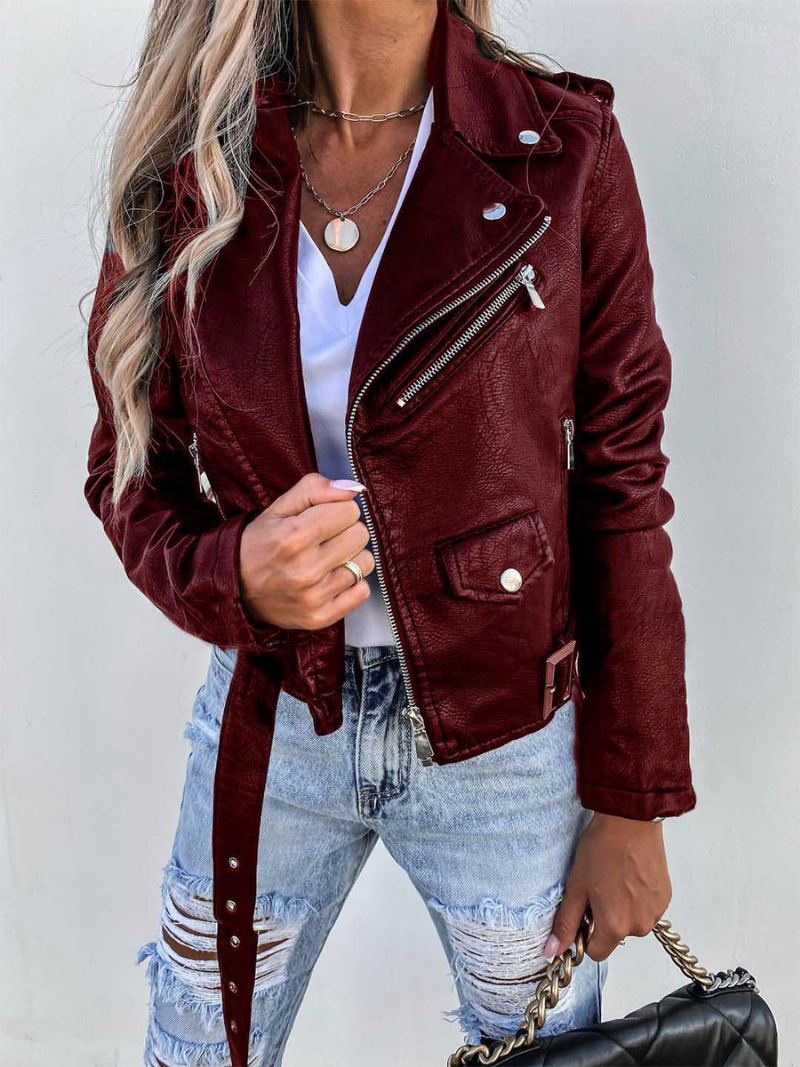 Dame Pu Skinnjakker Langermet Glidelåslommer Moto Crop Jacket - Burgund