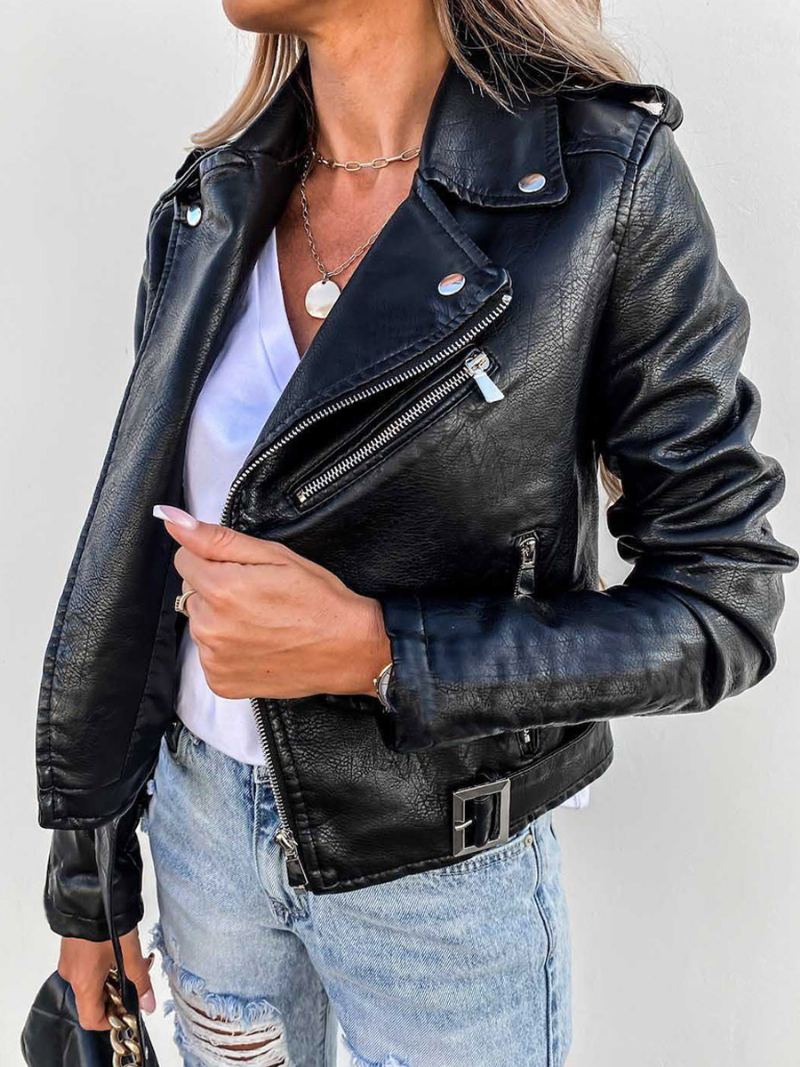 Dame Pu Skinnjakker Langermet Glidelåslommer Moto Crop Jacket - Sort