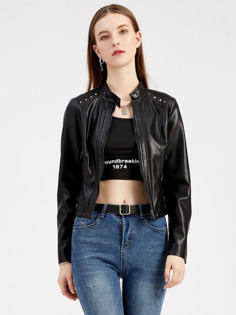 Faux Leather Jacket Pu Rivet Zip Up Stand Collar Spring Fall Street Biker Yttertøy For Kvinner