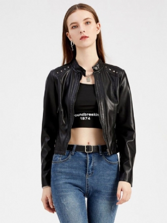 Faux Leather Jacket Pu Rivet Zip Up Stand Collar Spring Fall Street Biker Yttertøy For Kvinner