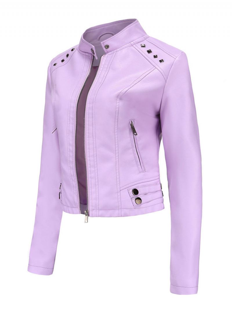 Faux Leather Jacket Pu Rivet Zip Up Stand Collar Spring Fall Street Biker Yttertøy For Kvinner - Syrin