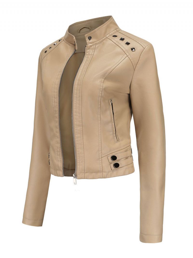 Faux Leather Jacket Pu Rivet Zip Up Stand Collar Spring Fall Street Biker Yttertøy For Kvinner - Dyp Lysegul