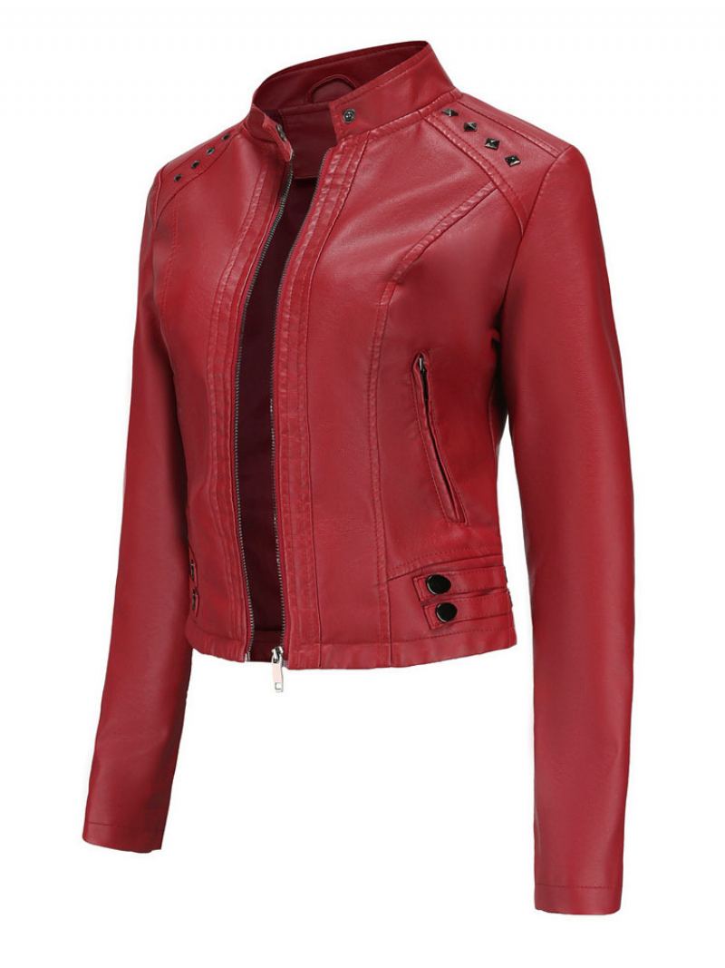 Faux Leather Jacket Pu Rivet Zip Up Stand Collar Spring Fall Street Biker Yttertøy For Kvinner - Burgunder