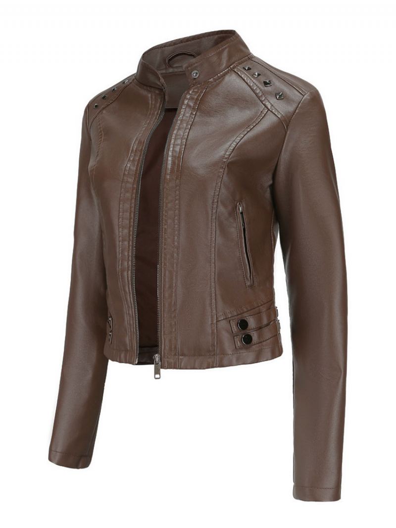 Faux Leather Jacket Pu Rivet Zip Up Stand Collar Spring Fall Street Biker Yttertøy For Kvinner - Dyp Brun