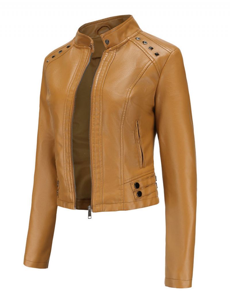 Faux Leather Jacket Pu Rivet Zip Up Stand Collar Spring Fall Street Biker Yttertøy For Kvinner - Kamel