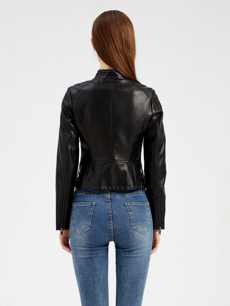 Faux Leather Jacket Pu Rivet Zip Up Stand Collar Spring Fall Street Biker Yttertøy For Kvinner - Sort