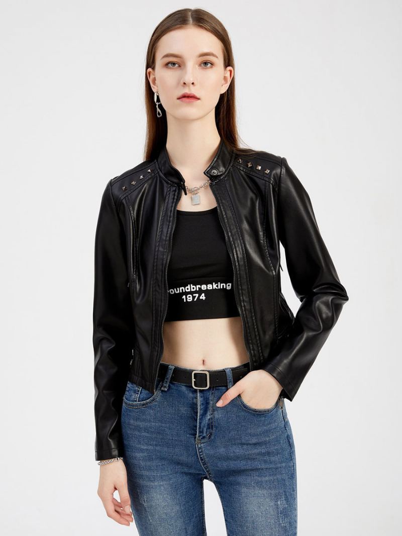 Faux Leather Jacket Pu Rivet Zip Up Stand Collar Spring Fall Street Biker Yttertøy For Kvinner - Sort