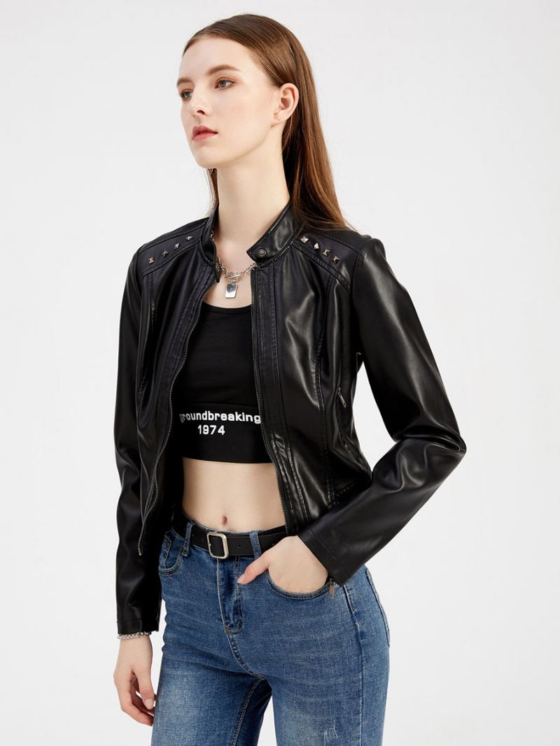 Faux Leather Jacket Pu Rivet Zip Up Stand Collar Spring Fall Street Biker Yttertøy For Kvinner - Sort