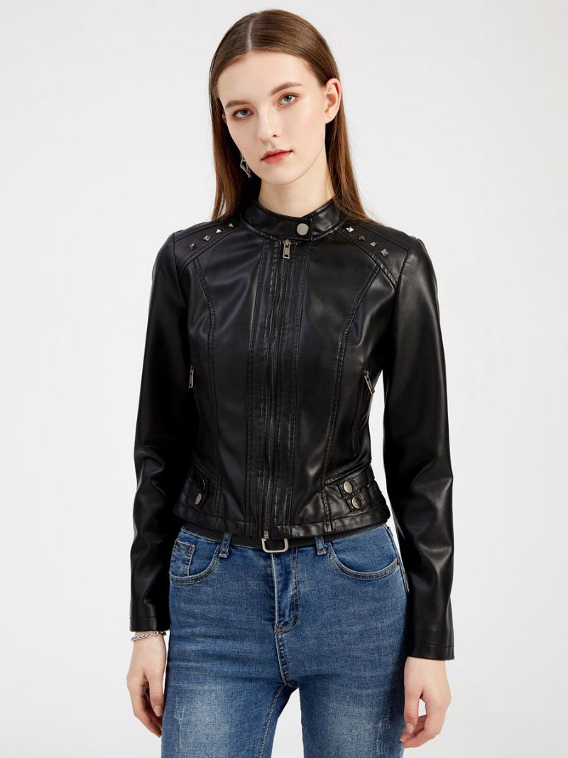 Faux Leather Jacket Pu Rivet Zip Up Stand Collar Spring Fall Street Biker Yttertøy For Kvinner - Sort