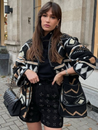 Oversized Aztec Printed Jacket Drop Shoulder Front Buttons Yttertøy For Kvinner