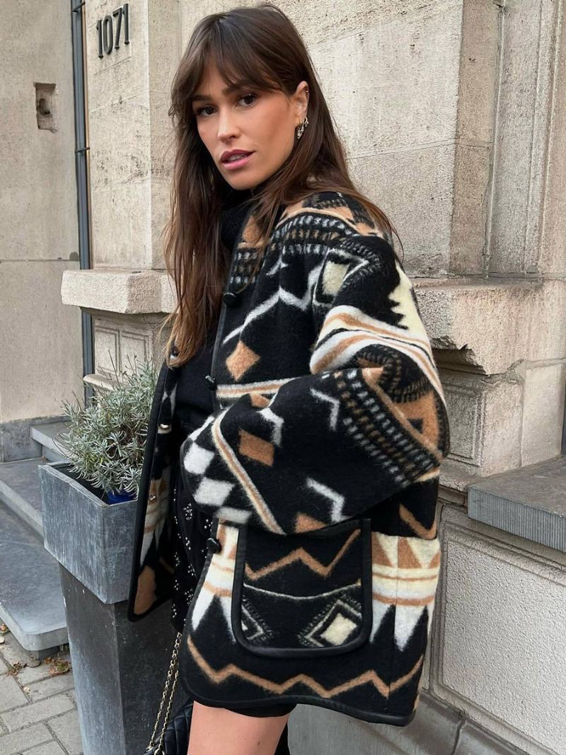 Oversized Aztec Printed Jacket Drop Shoulder Front Buttons Yttertøy For Kvinner - Svart