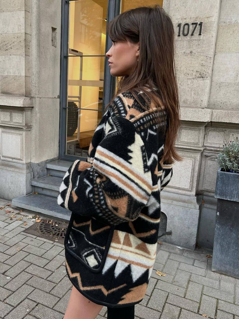 Oversized Aztec Printed Jacket Drop Shoulder Front Buttons Yttertøy For Kvinner - Svart