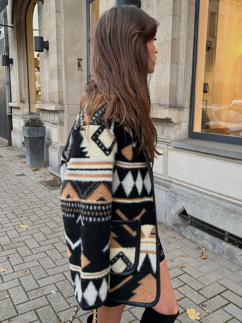 Oversized Aztec Printed Jacket Drop Shoulder Front Buttons Yttertøy For Kvinner - Svart