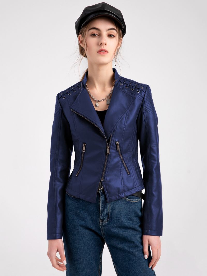 Pu Leather Moto Jacket High Waist Spring Biker Yttertøy For Dame - Mørk Navy